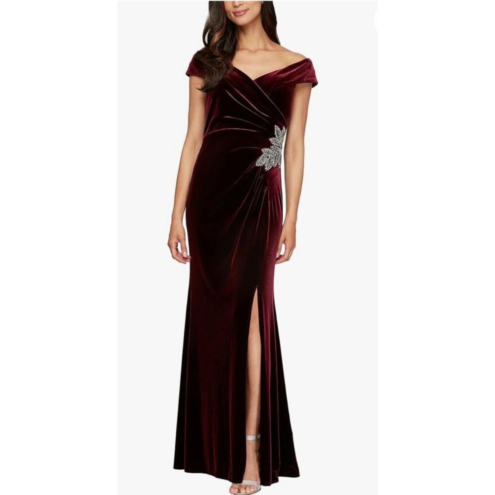 Alex Evenings Women's Long Dress Size 8 Off Shoulder Elegant Velvet Wine Party